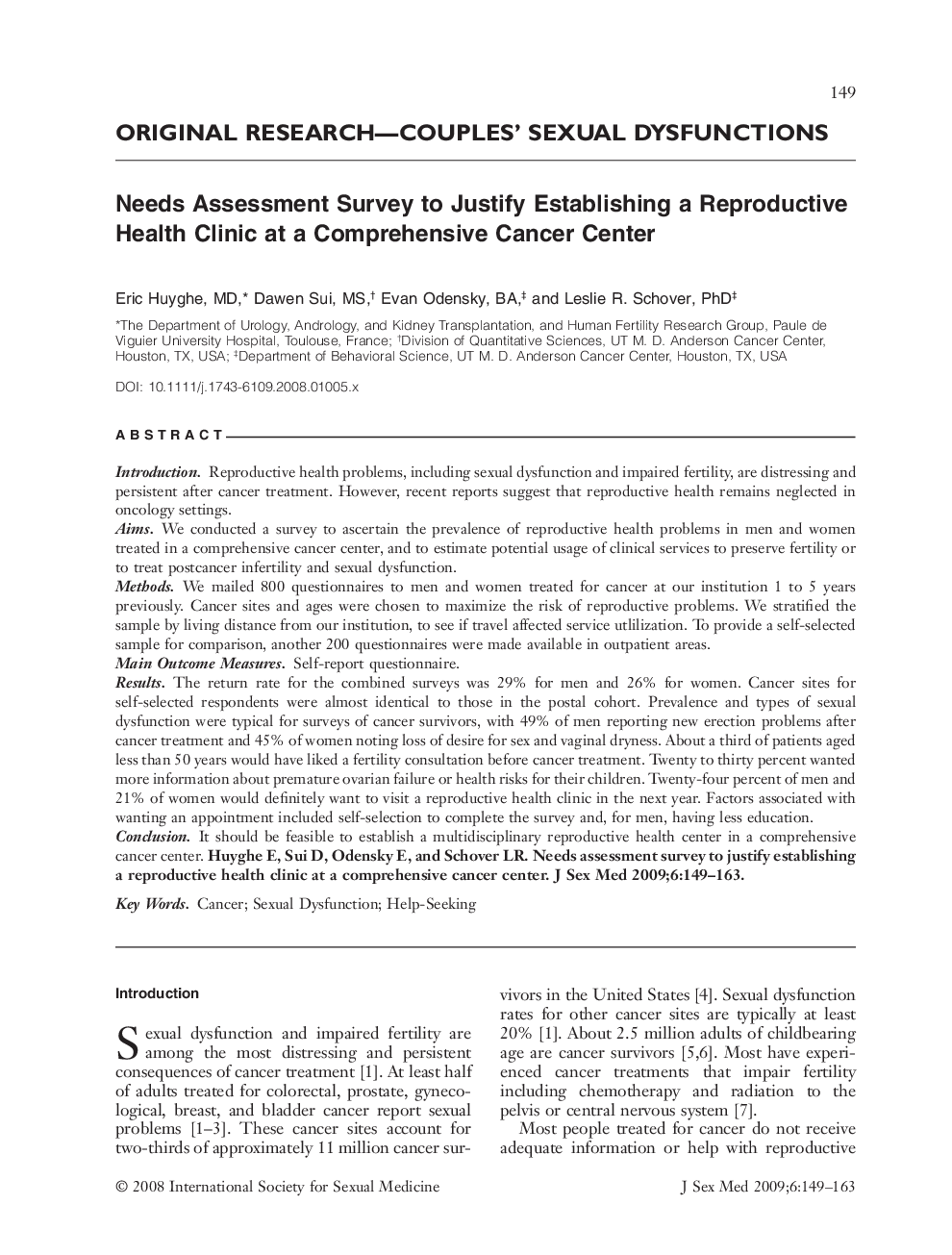 Needs Assessment Survey to Justify Establishing a Reproductive Health Clinic at a Comprehensive Cancer Center