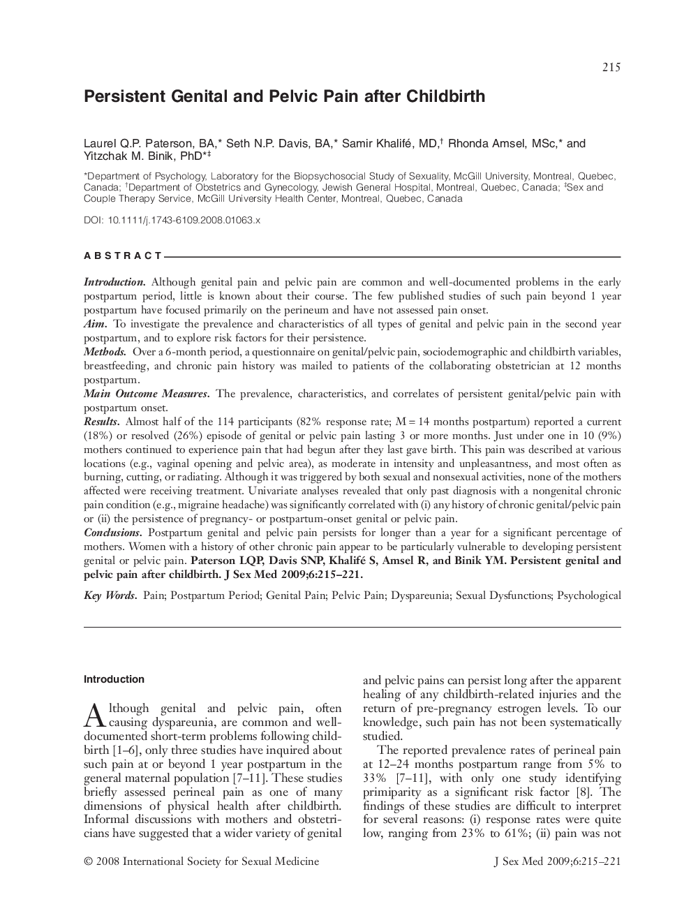 Persistent Genital and Pelvic Pain after Childbirth