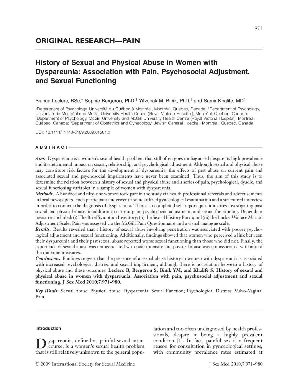 History of Sexual and Physical Abuse in Women with Dyspareunia: Association with Pain, Psychosocial Adjustment, and Sexual Functioning