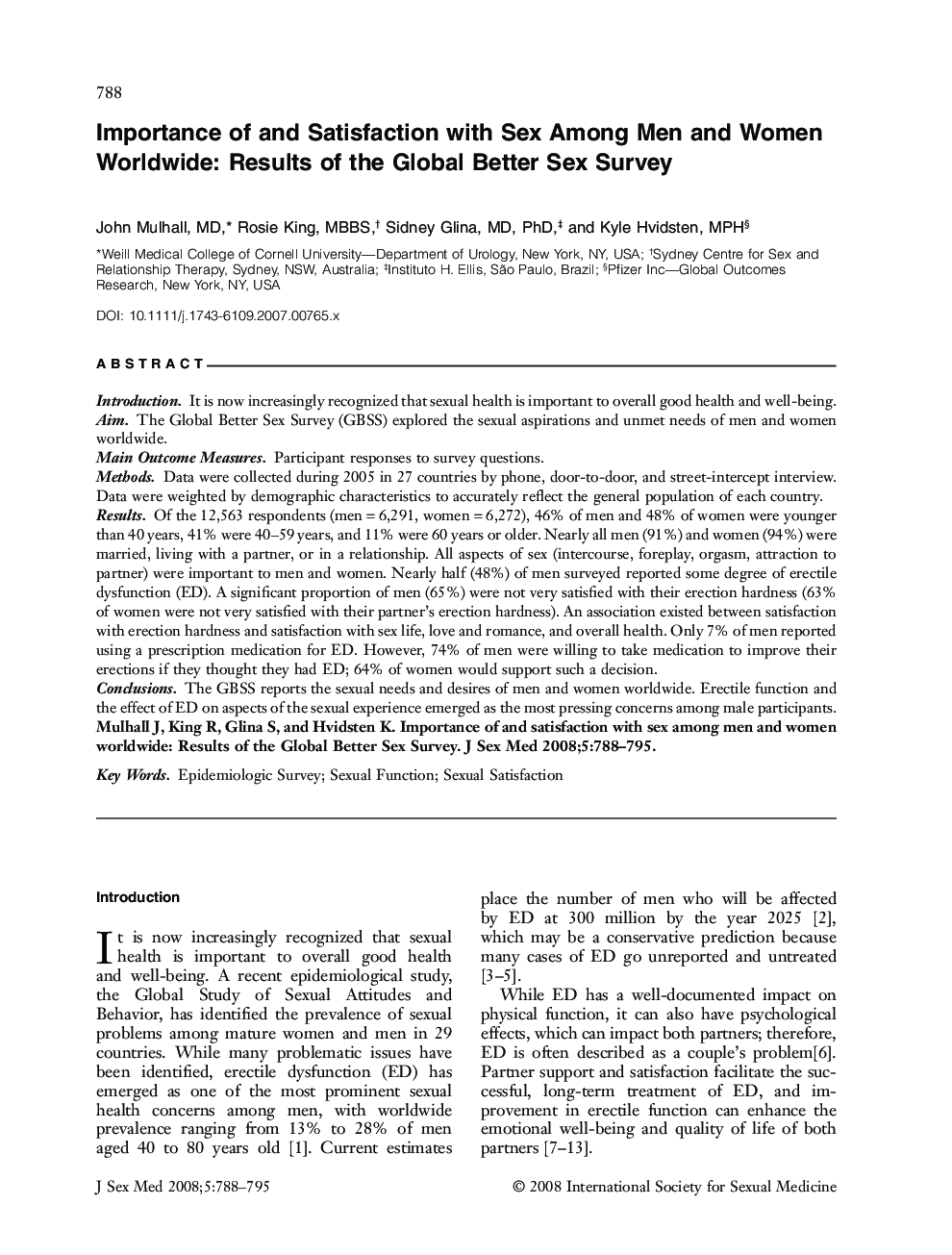 Importance of and Satisfaction with Sex Among Men and Women Worldwide: Results of the Global Better Sex Survey