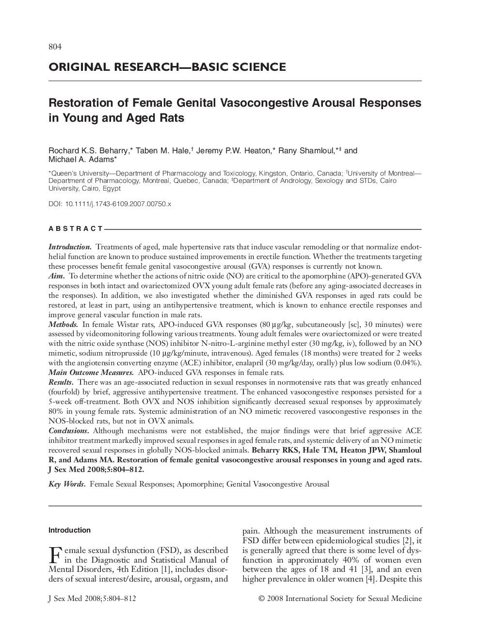 Restoration of Female Genital Vasocongestive Arousal Responses in Young and Aged Rats