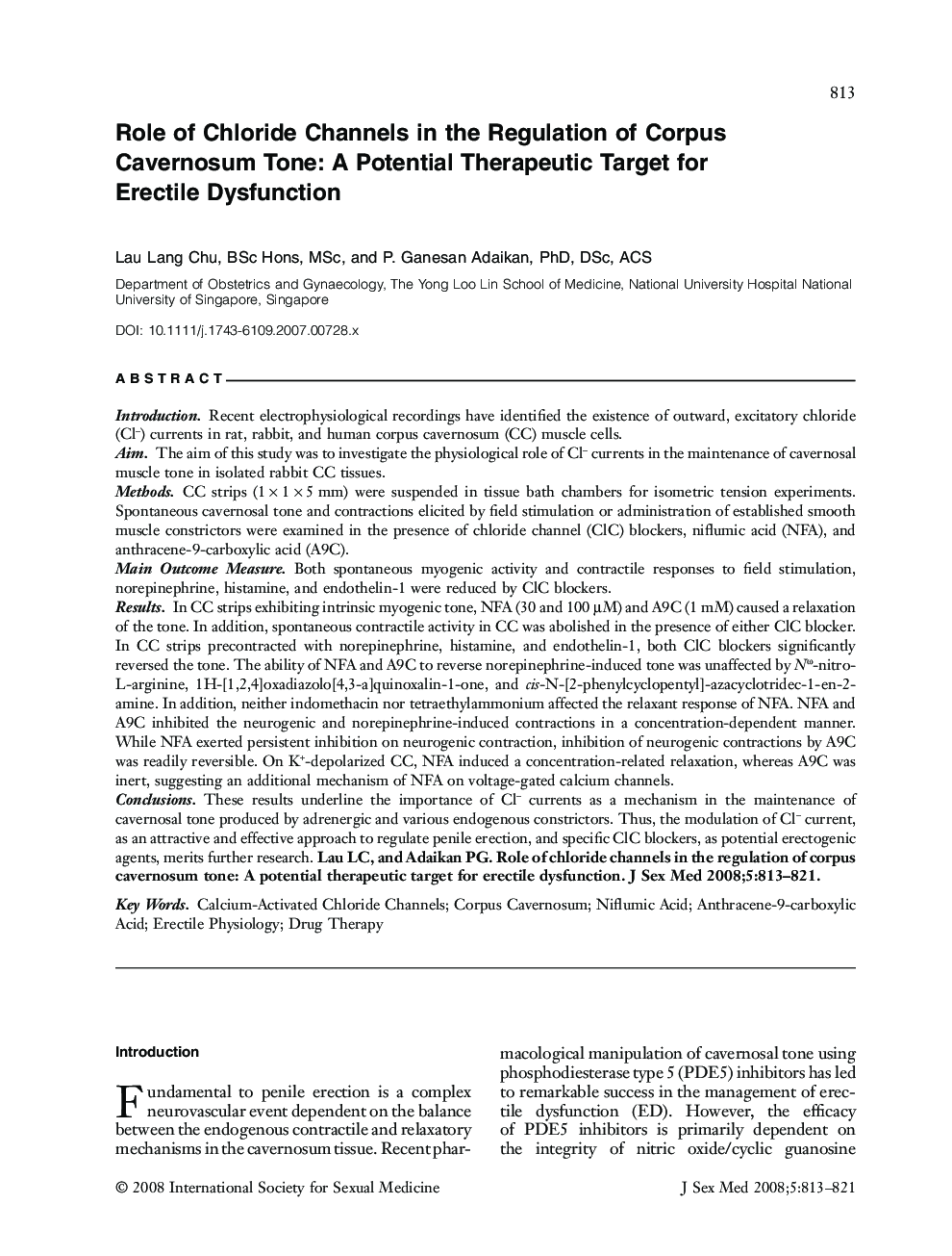 Role of Chloride Channels in the Regulation of Corpus Cavernosum Tone: A Potential Therapeutic Target for Erectile Dysfunction