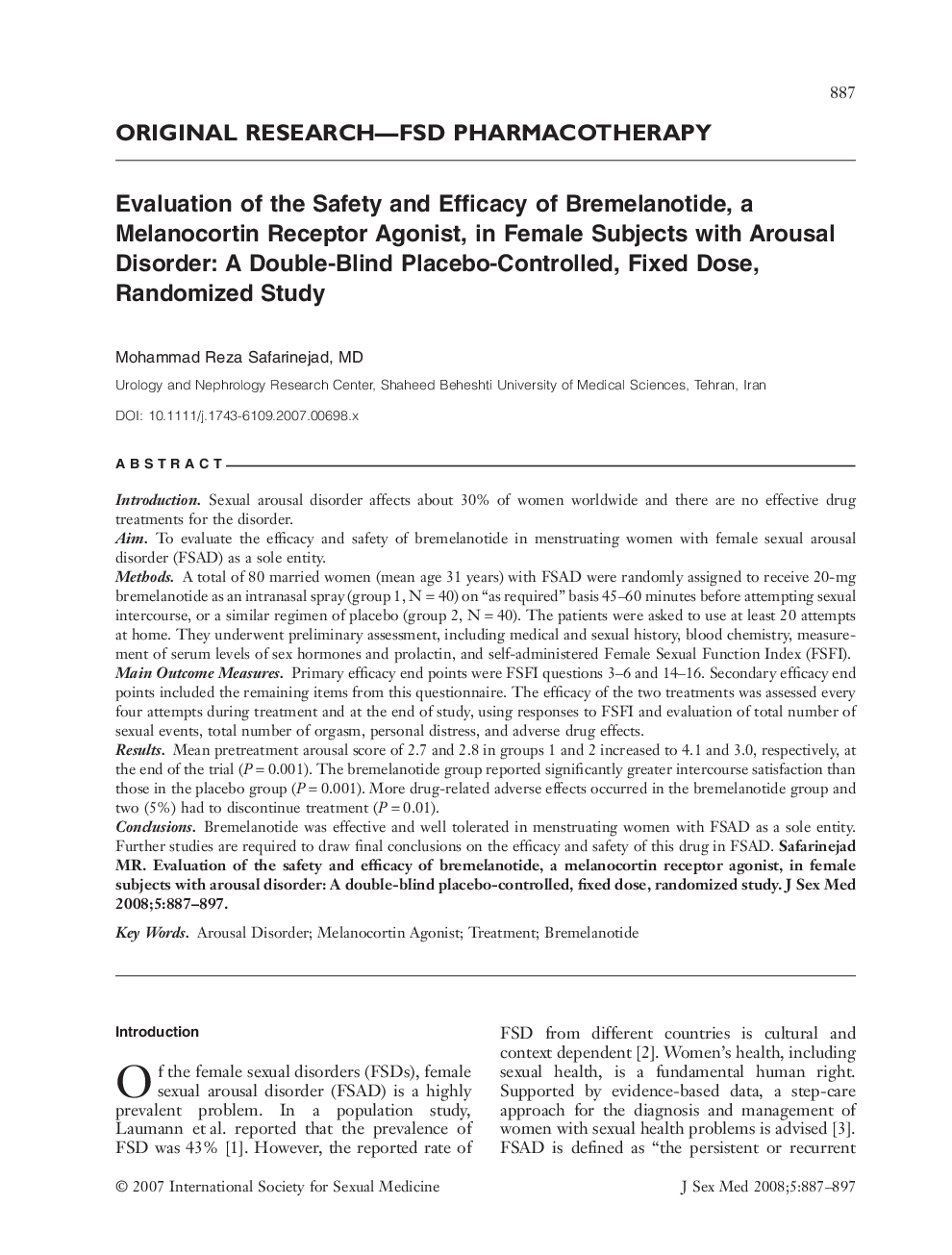 RETRACTED: Evaluation of the Safety and Efficacy of Bremelanotide, a Melanocortin Receptor Agonist, in Female Subjects with Arousal Disorder: A Double-Blind Placebo-Controlled, Fixed Dose, Randomized Study