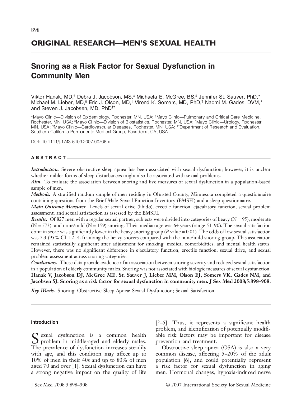 Snoring as a Risk Factor for Sexual Dysfunction in Community Men