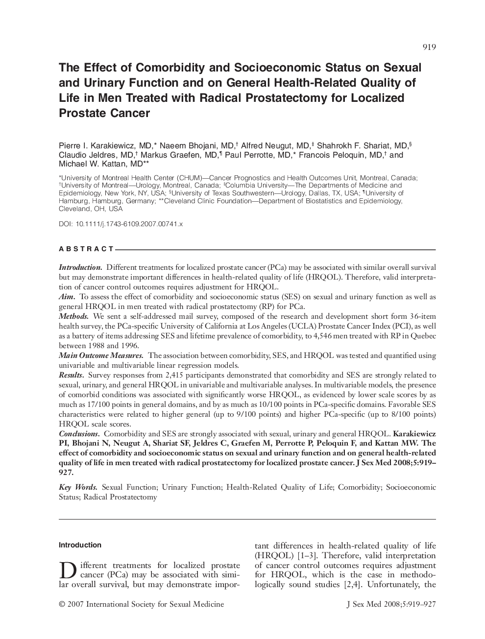 The Effect of Comorbidity and Socioeconomic Status on Sexual and Urinary Function and on General Health-Related Quality of Life in Men Treated with Radical Prostatectomy for Localized Prostate Cancer