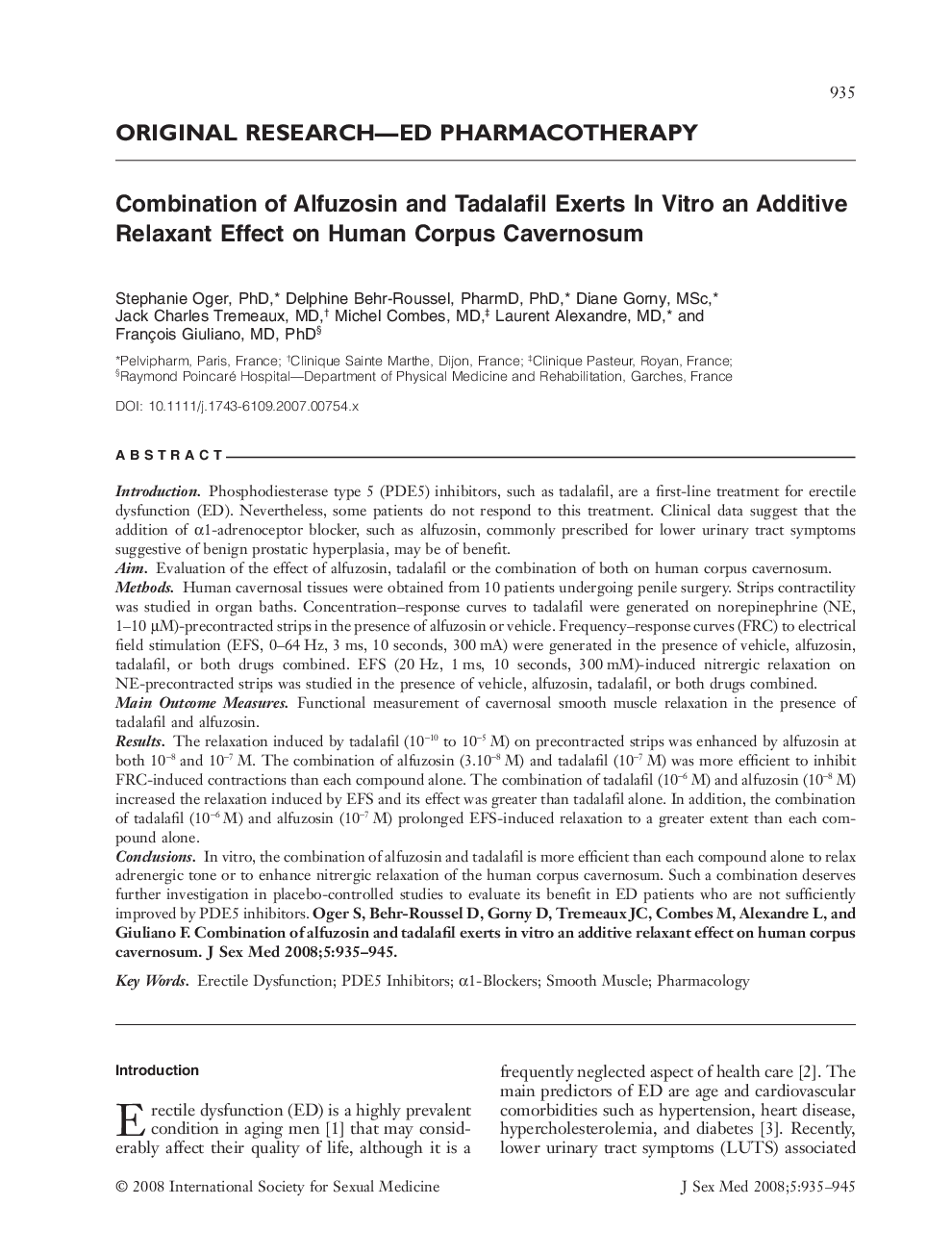Combination of Alfuzosin and Tadalafil Exerts In Vitro an Additive Relaxant Effect on Human Corpus Cavernosum