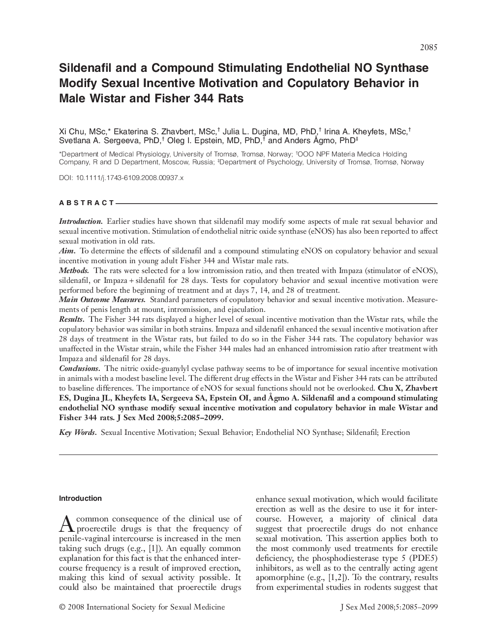 عکس صفحه اول مقاله: Sildenafil and a Compound Stimulating Endothelial NO Synthase Modify Sexual Incentive Motivation and Copulatory Behavior in Male Wistar and Fisher 344 Rats Sildenafil and a Compound Stimulating Endothelial NO Synthase Modify Sexual Incentive Motivation and Copulatory Behavior in Male Wistar and Fisher 344 Rats