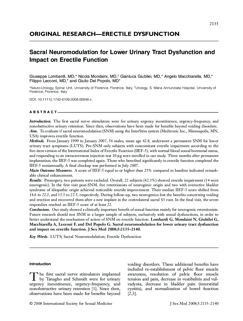 Sacral Neuromodulation for Lower Urinary Tract Dysfunction and Impact on Erectile Function