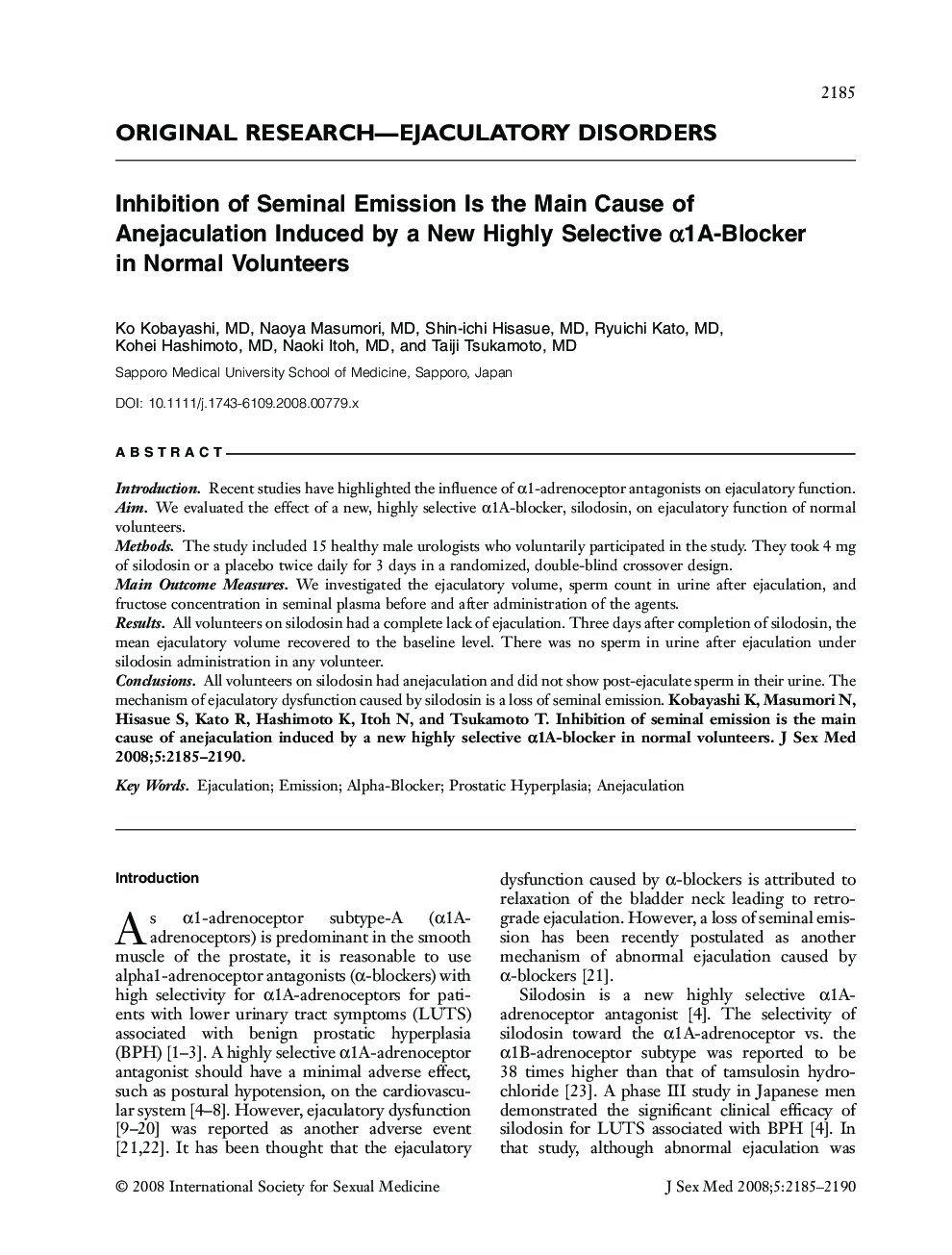 Inhibition of Seminal Emission Is the Main Cause of Anejaculation Induced by a New Highly Selective Î±1A-Blocker in Normal Volunteers