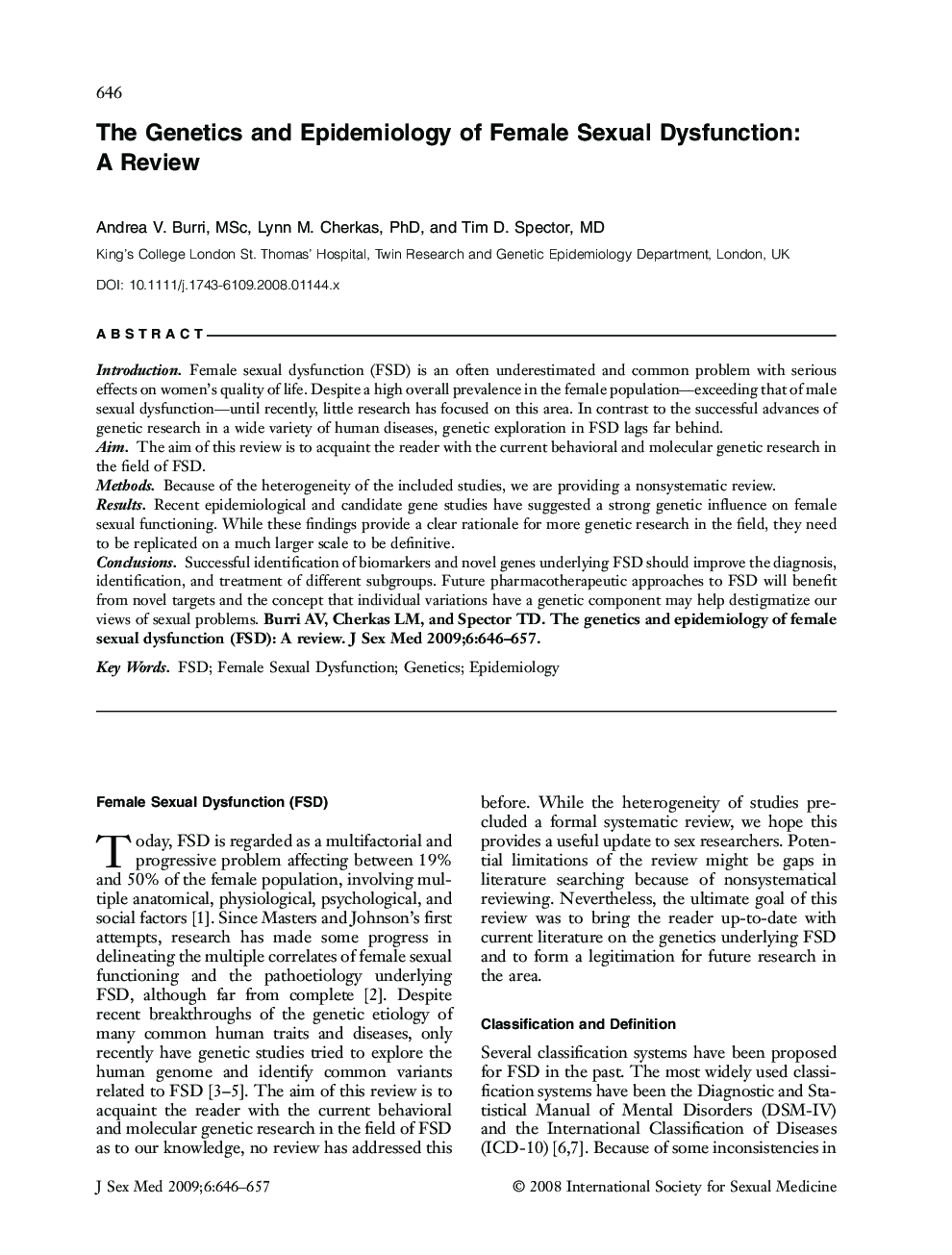 The Genetics and Epidemiology of Female Sexual Dysfunction: A Review