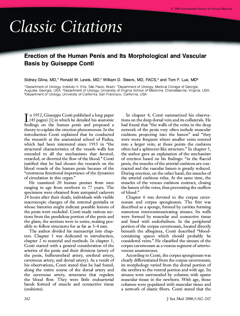 Classic Citations: Erection of the Human Penis and Its Morphological and Vascular Basis by Guiseppe Conti