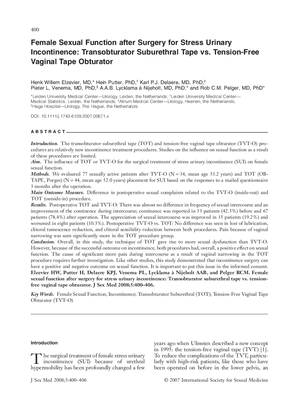 Female Sexual Function after Surgery for Stress Urinary Incontinence: Transobturator Suburethral Tape vs. Tension-Free Vaginal Tape Obturator