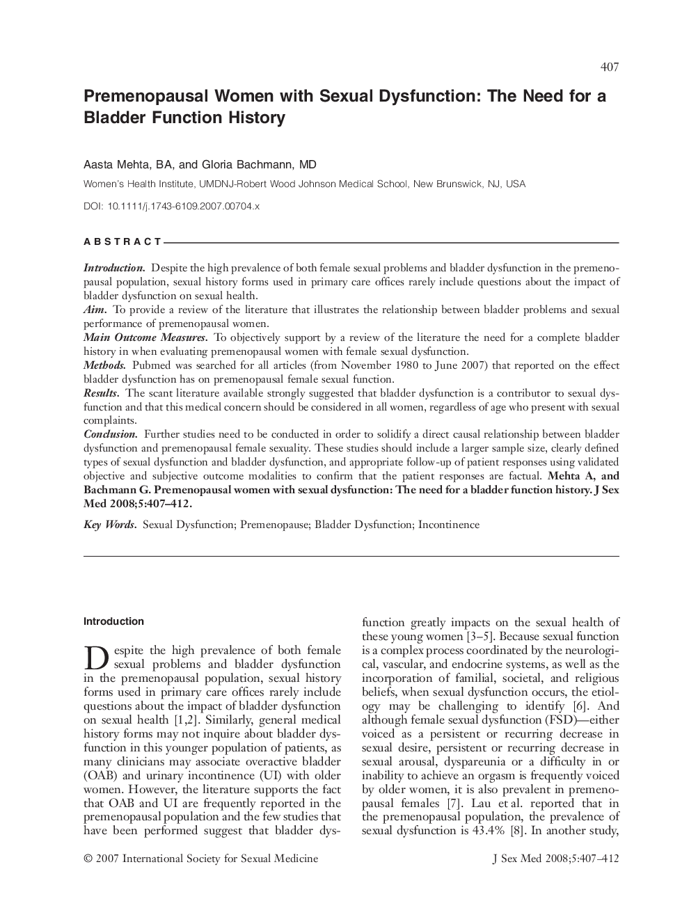 Premenopausal Women with Sexual Dysfunction: The Need for a Bladder Function History