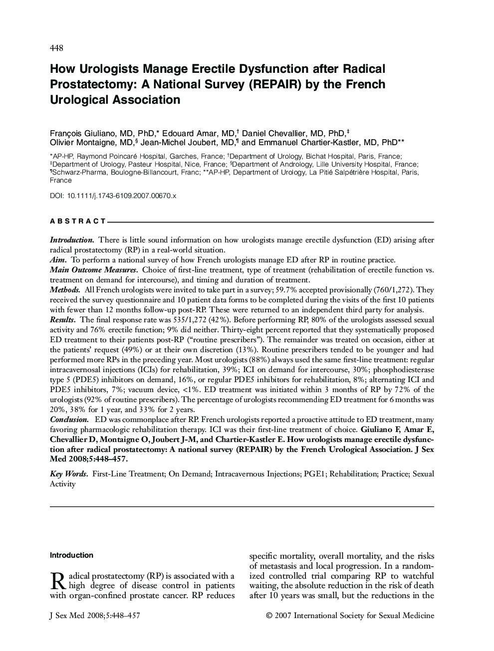 How Urologists Manage Erectile Dysfunction after Radical Prostatectomy: A National Survey (REPAIR) by the French Urological Association