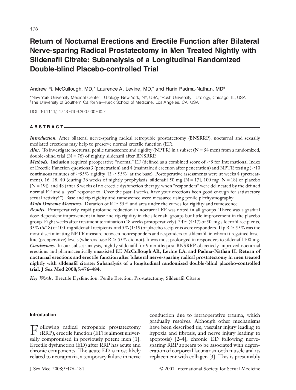 Return of Nocturnal Erections and Erectile Function after Bilateral Nerve-sparing Radical Prostatectomy in Men Treated Nightly with Sildenafil Citrate: Subanalysis of a Longitudinal Randomized Double-blind Placebo-controlled Trial