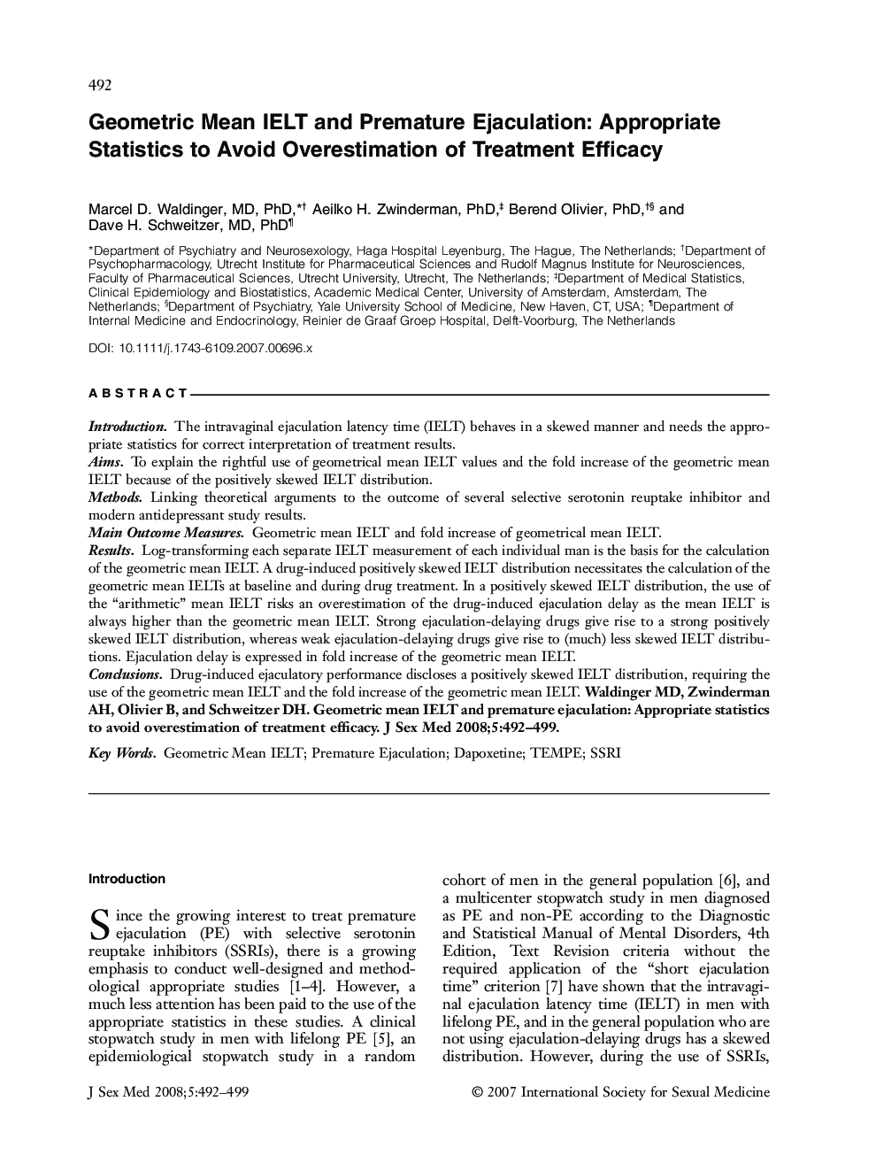 Geometric Mean IELT and Premature Ejaculation: Appropriate Statistics to Avoid Overestimation of Treatment Efficacy