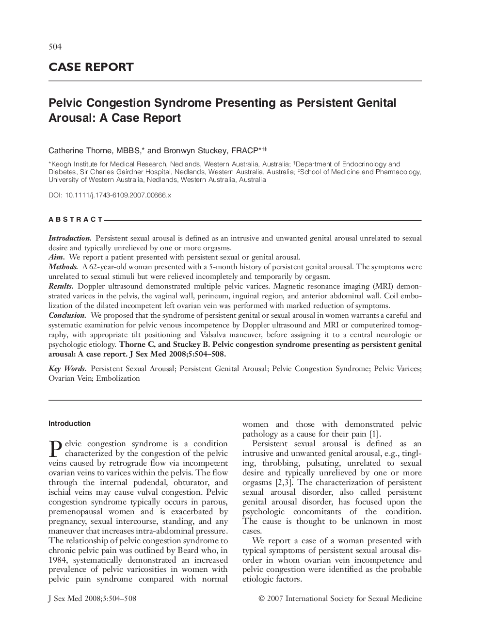 CASE REPORT: Pelvic Congestion Syndrome Presenting as Persistent Genital Arousal: A Case Report