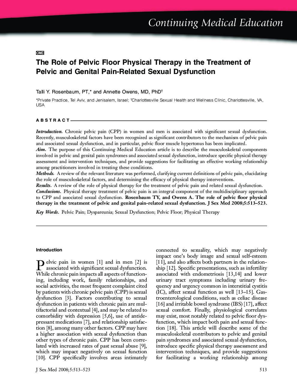 Continuing Medical Education: The Role of Pelvic Floor Physical Therapy in the Treatment of Pelvic and Genital Pain-Related Sexual Dysfunction (CME)