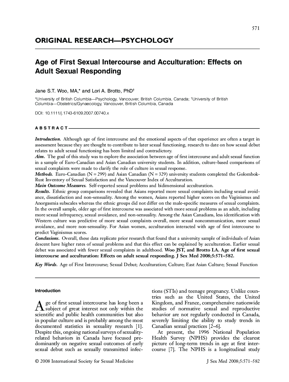 ORIGINAL RESEARCH-PSYCHOLOGY: Age of First Sexual Intercourse and Acculturation: Effects on Adult Sexual Responding