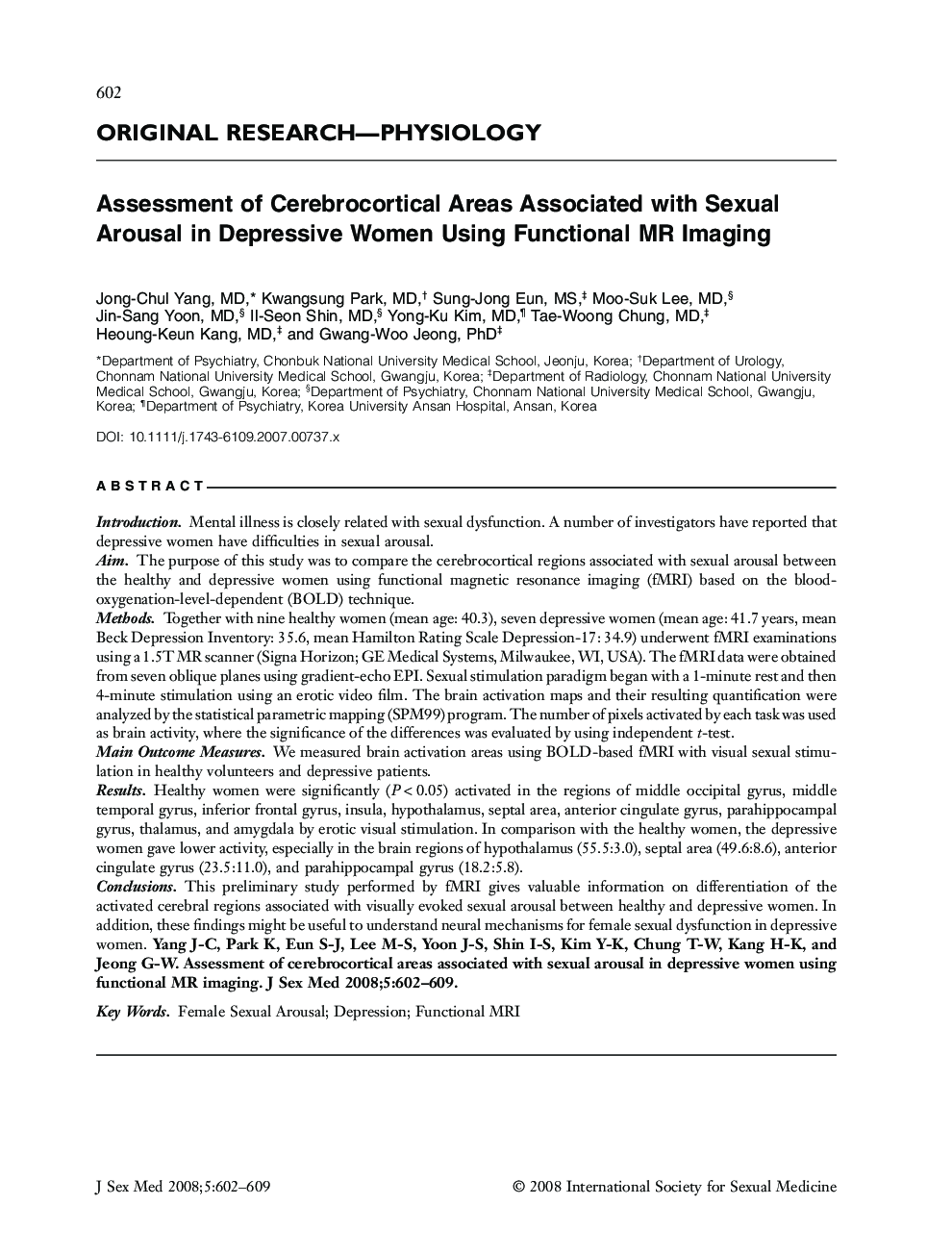 ORIGINAL RESEARCH-PHYSIOLOGY: Assessment of Cerebrocortical Areas Associated with Sexual Arousal in Depressive Women Using Functional MR Imaging