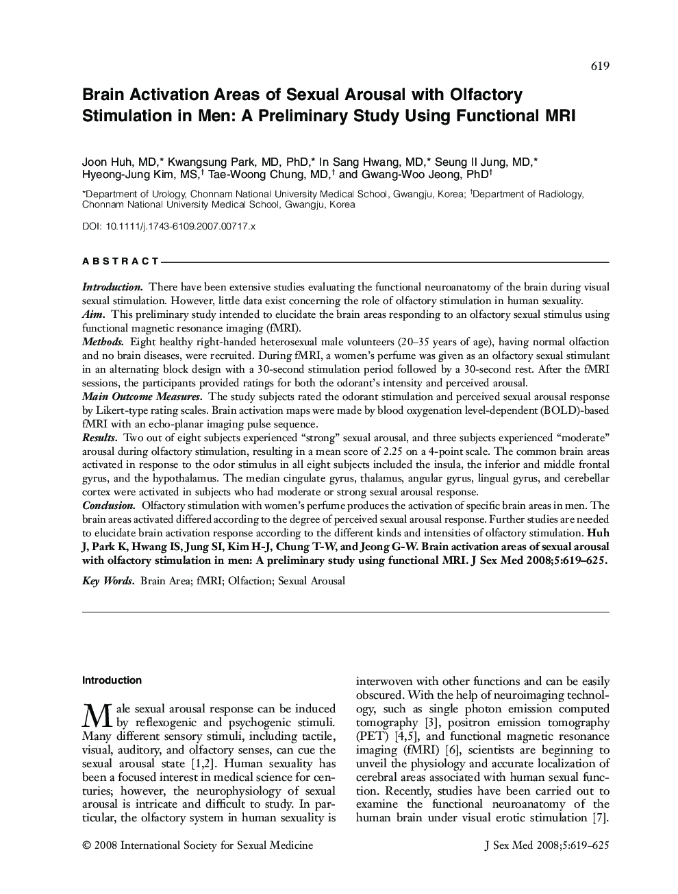 Brain Activation Areas of Sexual Arousal with Olfactory Stimulation in Men: A Preliminary Study Using Functional MRI