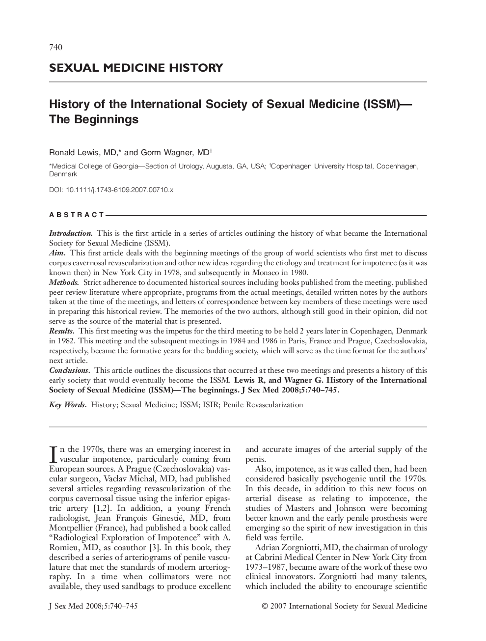 History of the International Society of Sexual Medicine (ISSM)- The Beginnings