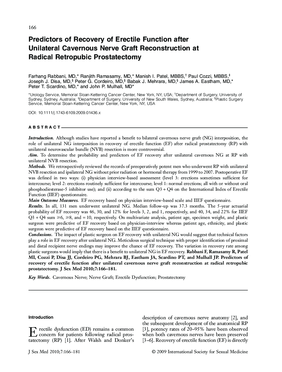 Predictors of Recovery of Erectile Function after Unilateral Cavernous Nerve Graft Reconstruction at Radical Retropubic Prostatectomy