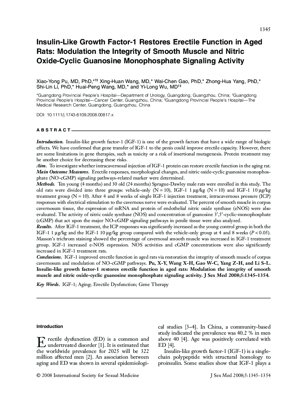 Insulin-Like Growth Factor-1 Restores Erectile Function in Aged Rats: Modulation the Integrity of Smooth Muscle and Nitric Oxide-Cyclic Guanosine Monophosphate Signaling Activity
