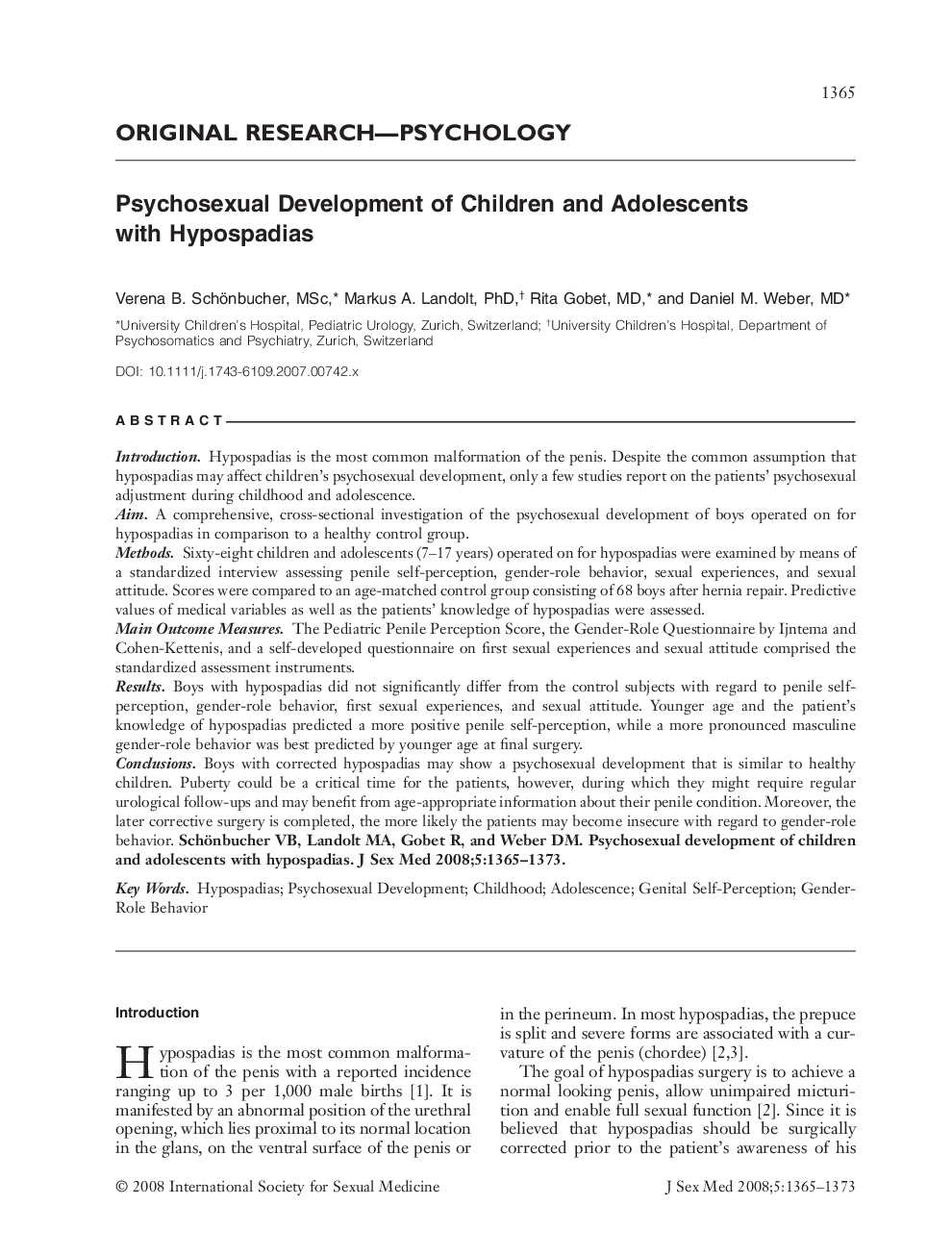 Psychosexual Development of Children and Adolescents with Hypospadias