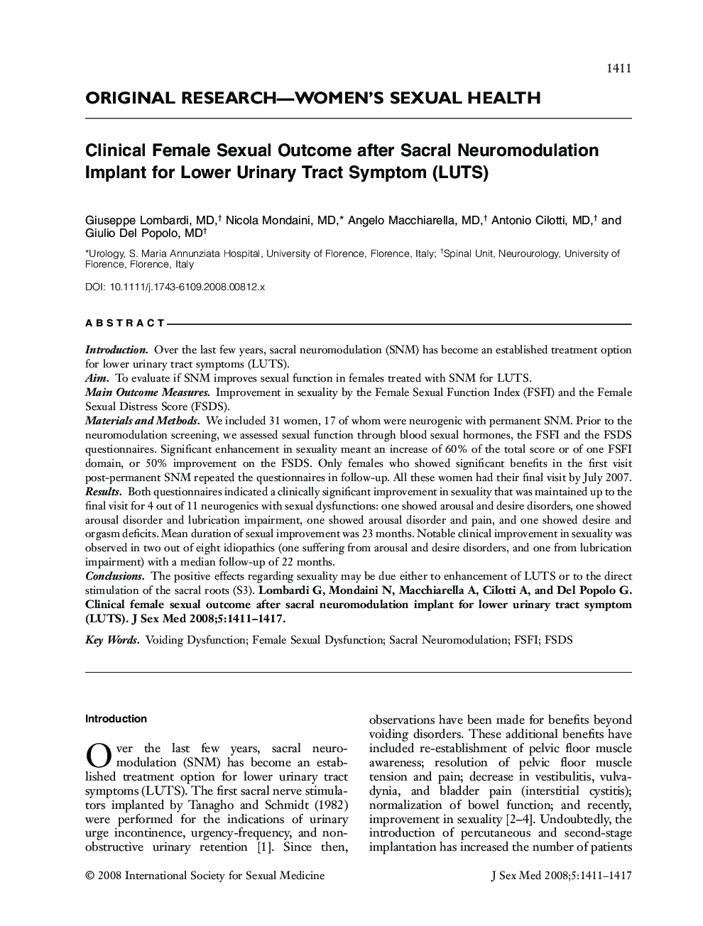 Clinical Female Sexual Outcome after Sacral Neuromodulation Implant for Lower Urinary Tract Symptom (LUTS)