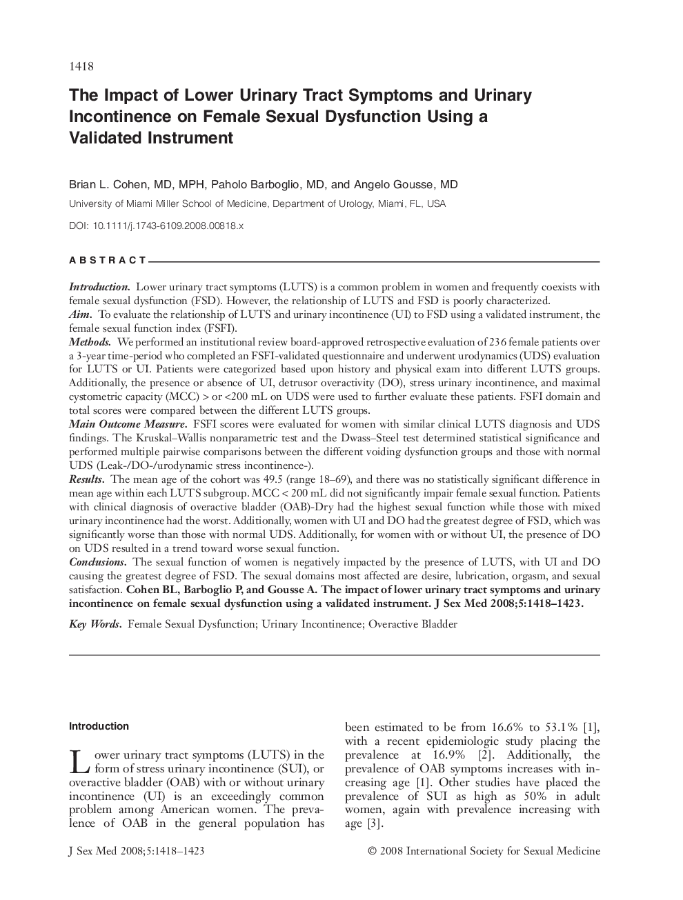 The Impact of Lower Urinary Tract Symptoms and Urinary Incontinence on Female Sexual Dysfunction Using a Validated Instrument