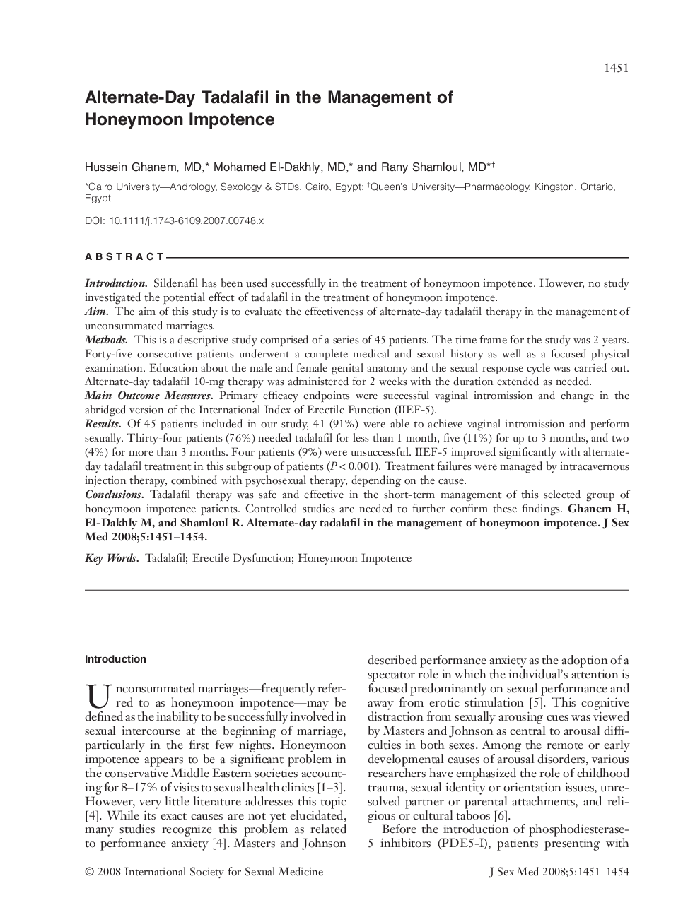 Alternate-Day Tadalafil in the Management of Honeymoon Impotence