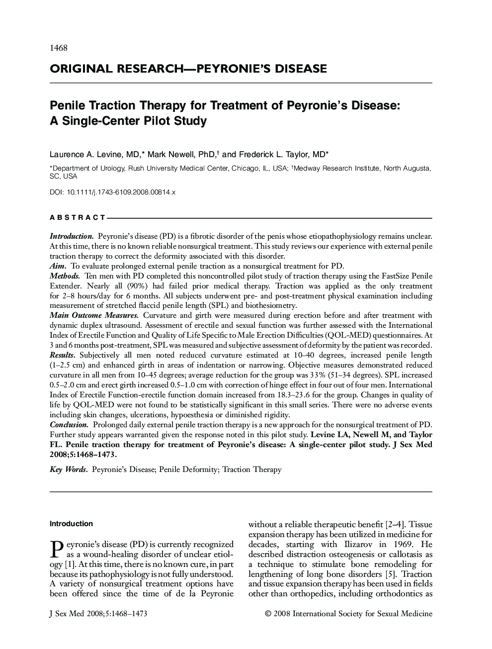 Penile Traction Therapy for Treatment of Peyronie's Disease: A Single-Center Pilot Study