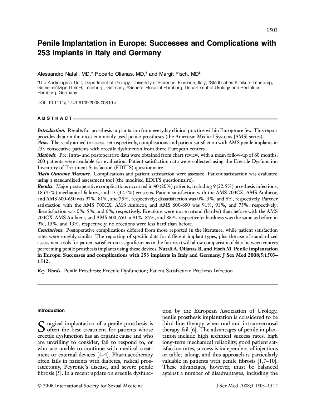 Penile Implantation in Europe: Successes and Complications with 253 Implants in Italy and Germany