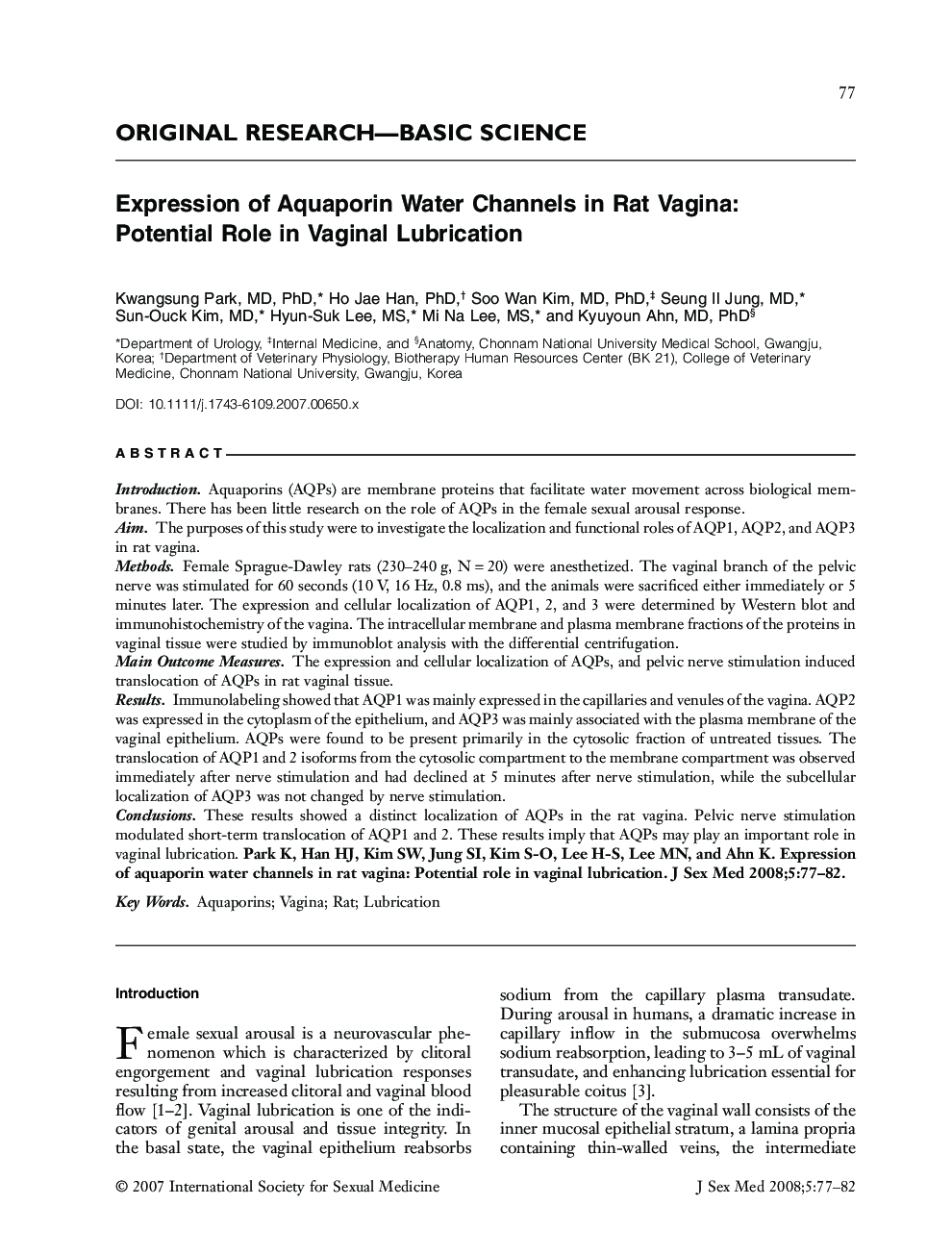 عکس صفحه اول مقاله: ORIGINAL RESEARCH-BASIC SCIENCE: Expression of Aquaporin Water Channels in Rat Vagina: Potential Role in Vaginal Lubrication ORIGINAL RESEARCH-BASIC SCIENCE: Expression of Aquaporin Water Channels in Rat Vagina: Potential Role in Vaginal Lubrication
