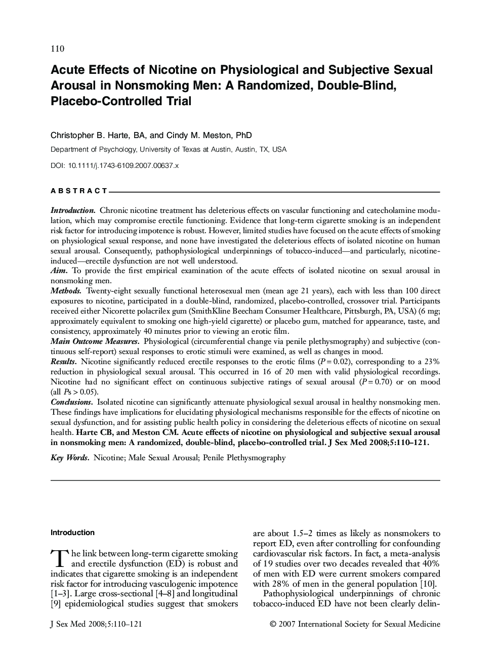 Acute Effects of Nicotine on Physiological and Subjective Sexual Arousal in Nonsmoking Men: A Randomized, Double-Blind, Placebo-Controlled Trial