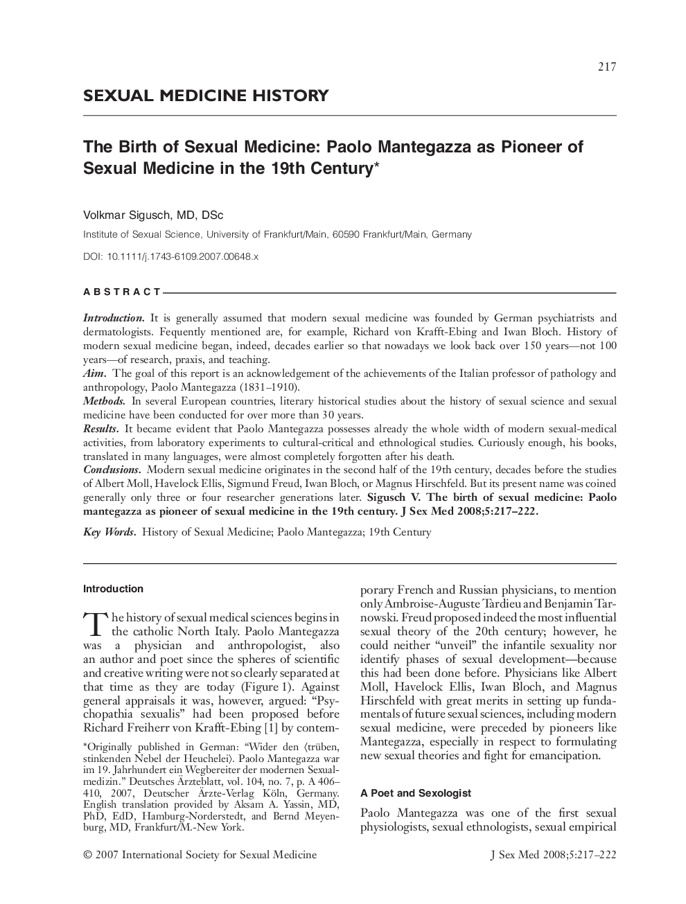 SEXUAL MEDICINE HISTORY: The Birth of Sexual Medicine: Paolo Mantegazza as Pioneer of Sexual Medicine in the 19th Century*