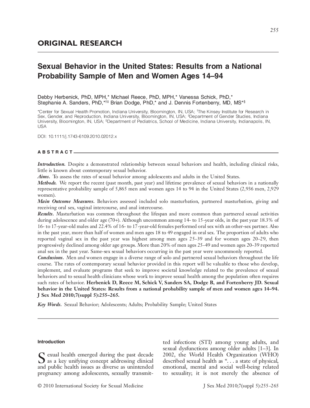 Sexual Behavior in the United States: Results from a National Probability Sample of Men and Women Ages 14-94