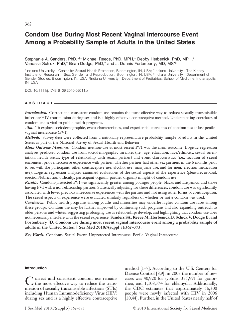 Condom Use During Most Recent Vaginal Intercourse Event Among a Probability Sample of Adults in the United States