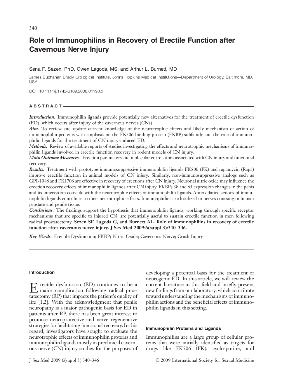 Role of Immunophilins in Recovery of Erectile Function after Cavernous Nerve Injury