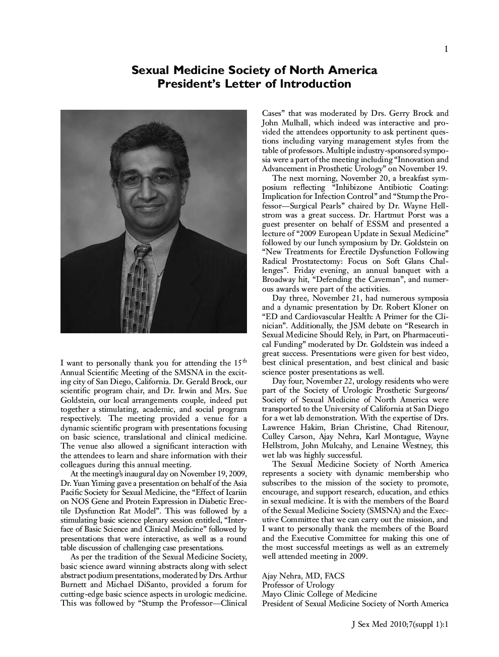 Sexual Medicine Society of North America President's Letter of Introduction