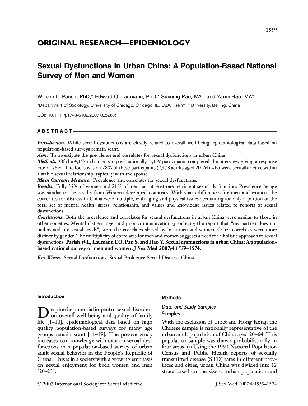 ORIGINAL RESEARCH-EPIDEMIOLOGY: Sexual Dysfunctions in Urban China: A Population-Based National Survey of Men and Women