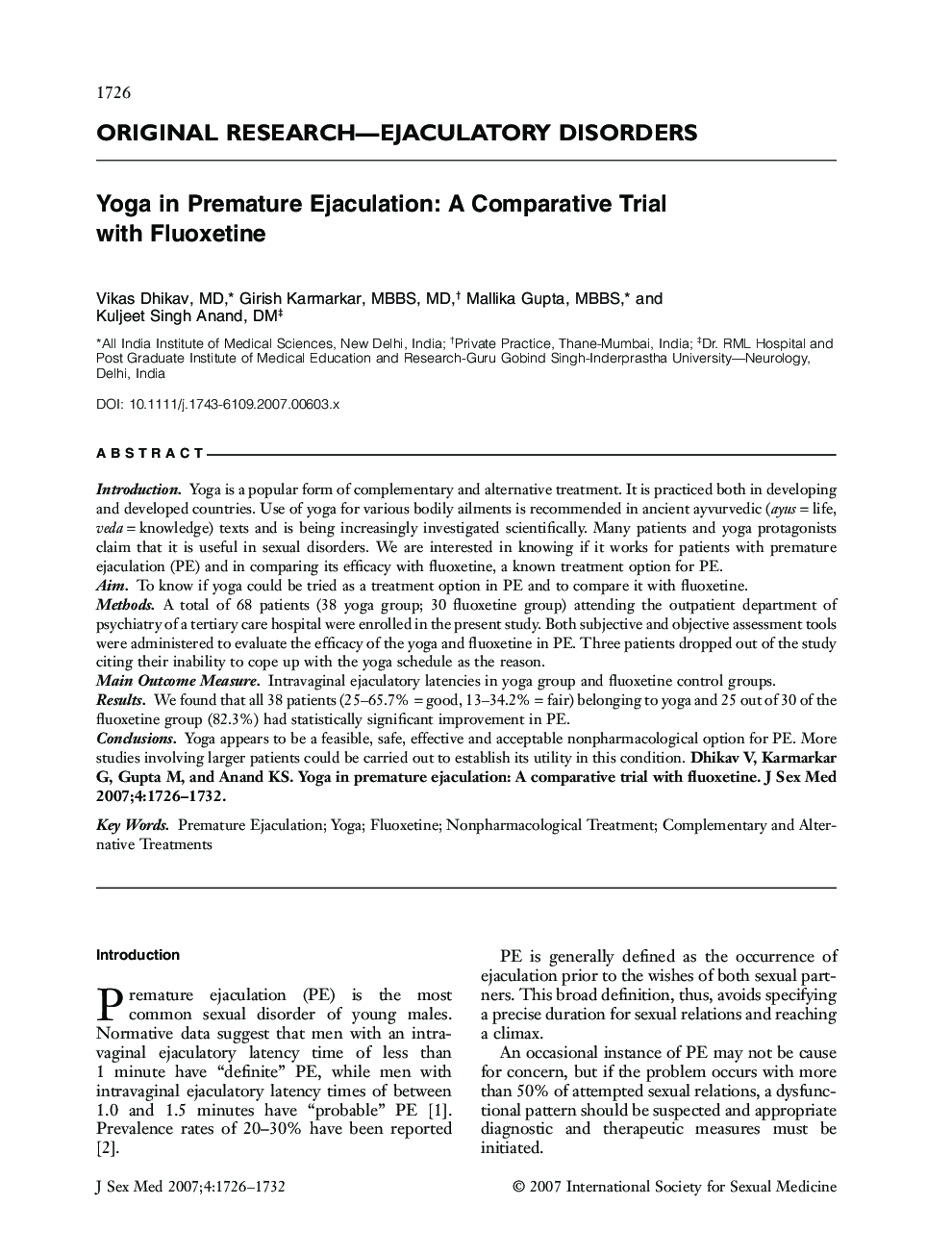 ORIGINAL RESEARCH-EJACULATORY DISORDERS: Yoga in Premature Ejaculation: A Comparative Trial with Fluoxetine