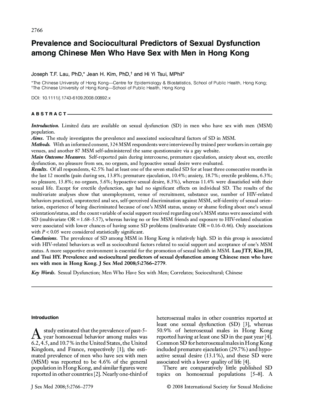 Prevalence and Sociocultural Predictors of Sexual Dysfunction among Chinese Men Who Have Sex with Men in Hong Kong