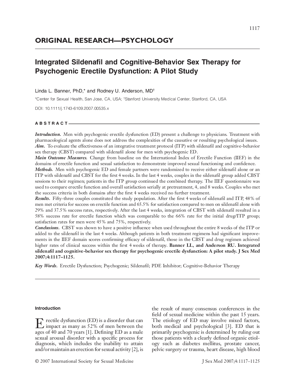 ORIGINAL RESEARCH-PSYCHOLOGY: Integrated Sildenafil and Cognitive-Behavior Sex Therapy for Psychogenic Erectile Dysfunction: A Pilot Study