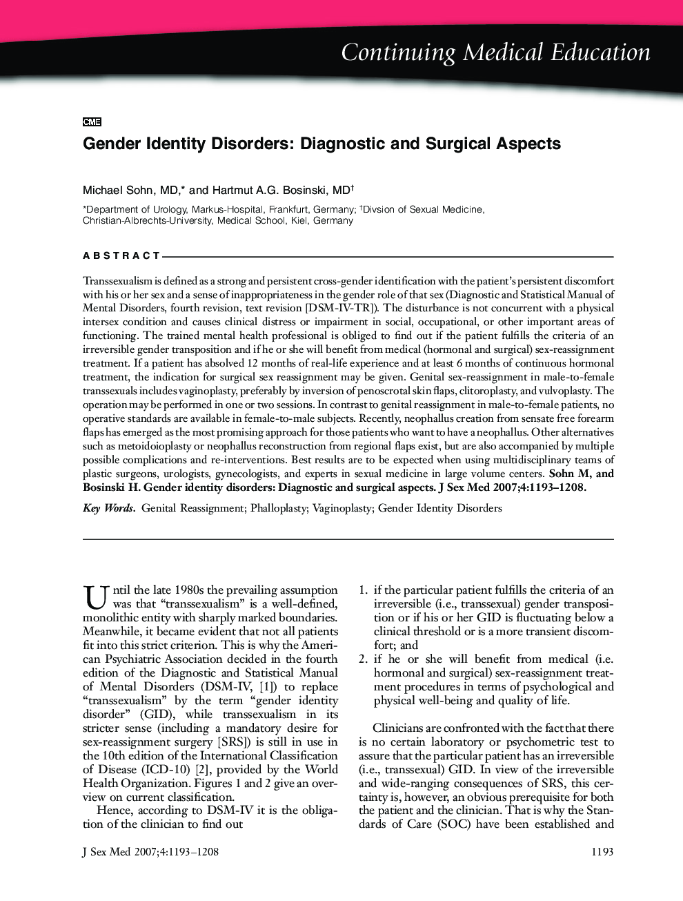 Continuing Medical Education: Gender Identity Disorders: Diagnostic and Surgical Aspects (CME)