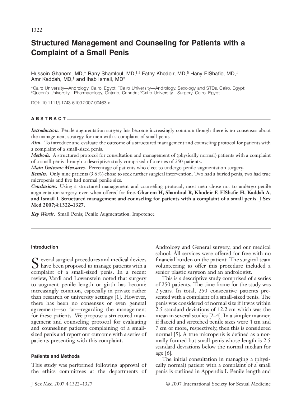 Structured Management and Counseling for Patients with a Complaint of a Small Penis