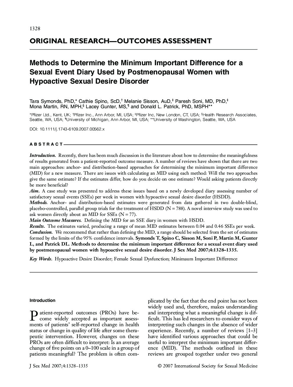 Methods to Determine the Minimum Important Difference for a Sexual Event Diary Used by Postmenopausal Women with Hypoactive Sexual Desire Disorder