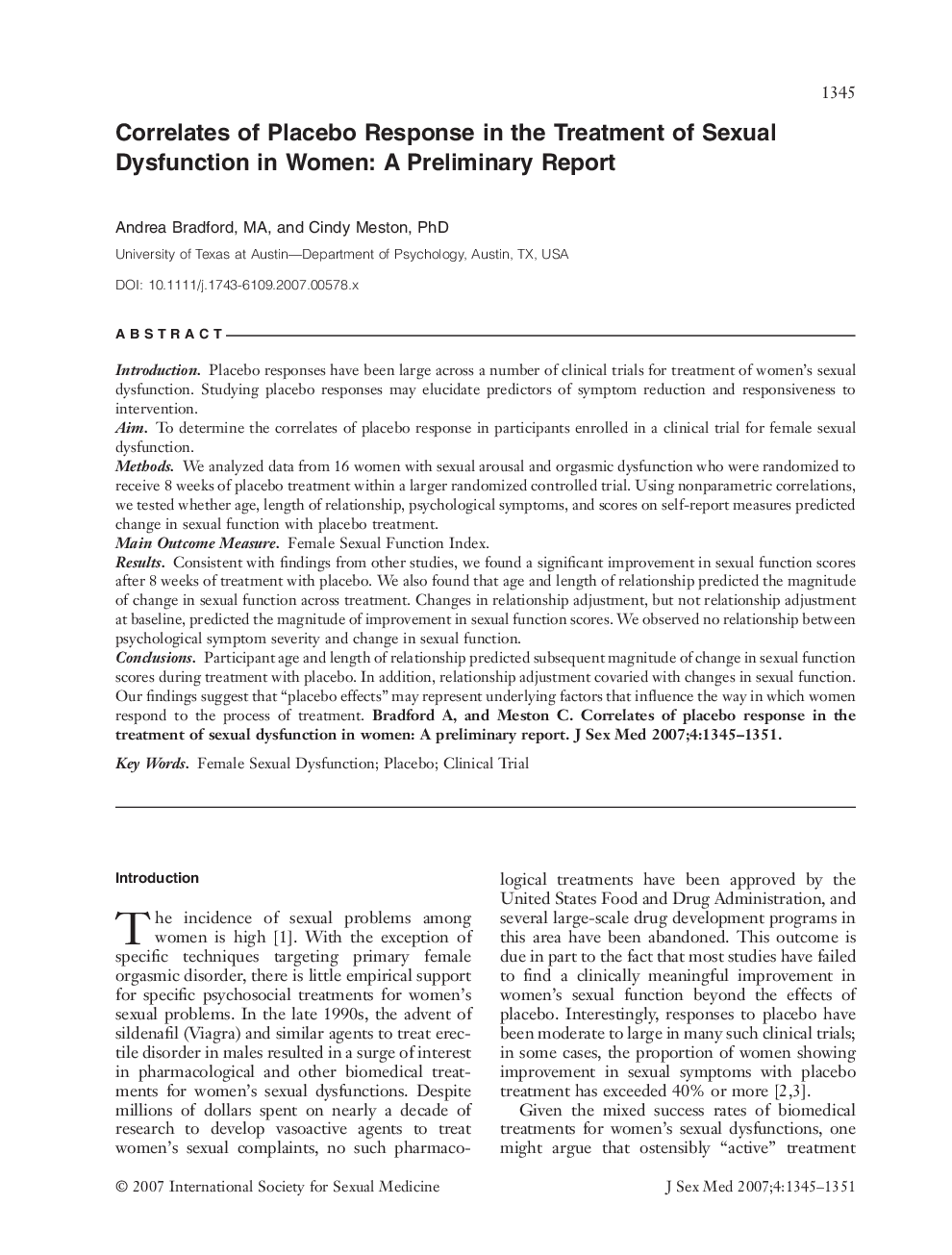 Correlates of Placebo Response in the Treatment of Sexual Dysfunction in Women: A Preliminary Report