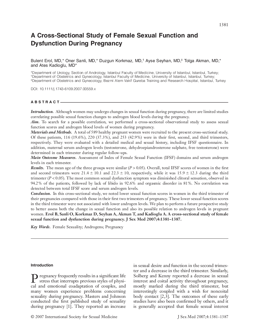 A Cross-Sectional Study of Female Sexual Function and Dysfunction During Pregnancy